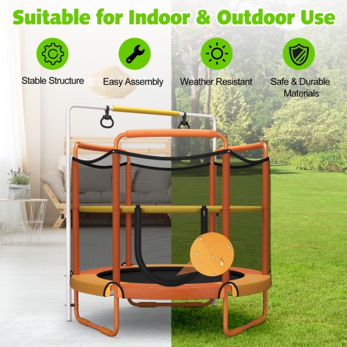 Topbuy – trampoline pour enfants de 60 po, 330 LB, 3-en-1 avec anneaux de balancement, barre horizontale à 3 niveaux de hauteur, orange/bleu