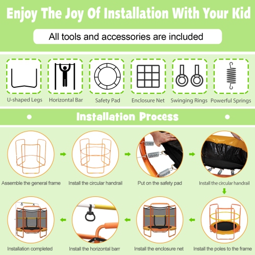 Topbuy – trampoline pour enfants de 60 po, 330 LB, 3-en-1 avec anneaux de balancement, barre horizontale à 3 niveaux de hauteur, orange/bleu