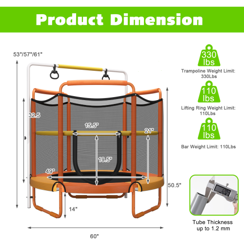 Topbuy – trampoline pour enfants de 60 po, 330 LB, 3-en-1 avec anneaux de balancement, barre horizontale à 3 niveaux de hauteur, orange/bleu