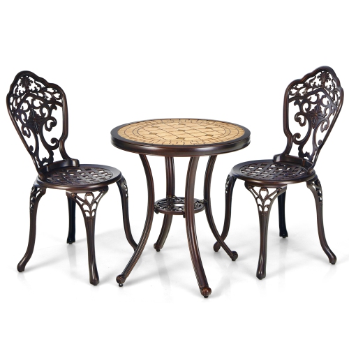 Topbuy 3-Piece Cast Aluminum Bistro Set Outdoor Patio Bistro Table Set Outdoor Round Bistro Table and Chairs for Porch
