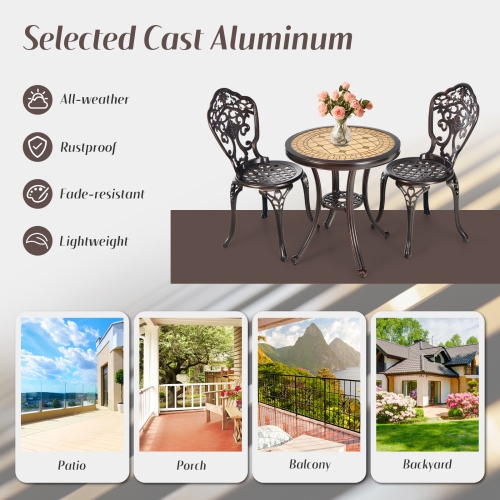 Topbuy 3-Piece Cast Aluminum Bistro Set Outdoor Patio Bistro Table Set Outdoor Round Bistro Table and Chairs for Porch
