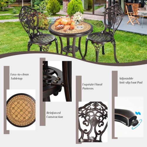 Topbuy 3-Piece Cast Aluminum Bistro Set Outdoor Patio Bistro Table Set Outdoor Round Bistro Table and Chairs for Porch