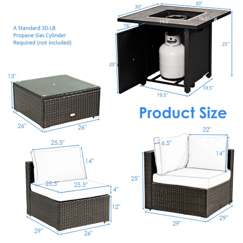 Patiojoy 6 PCS Patio Wicker Furniture Set With 30" Gas Fire Pit Table 50,000 BTU Black/Red/Turquoise/Navy/White Cushions