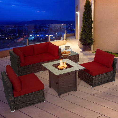 Patiojoy 6 PCS Patio Wicker Furniture Set With 30" Gas Fire Pit Table 50,000 BTU Black/Red/Turquoise/Navy/White Cushions