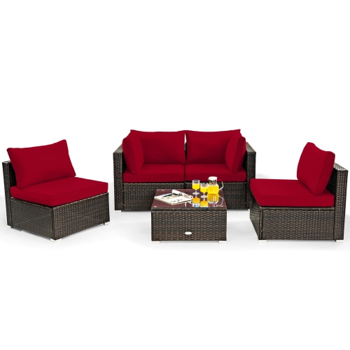 Patiojoy 6 PCS Patio Wicker Furniture Set With 30" Gas Fire Pit Table 50,000 BTU Black/Red/Turquoise/Navy/White Cushions