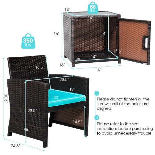 Patiojoy 3 Pieces Outdoor PE Wicker Bistro Set with Waterproof Cover for Porch Balcony Garden and Poolside, Off White/Grey/Turquoise