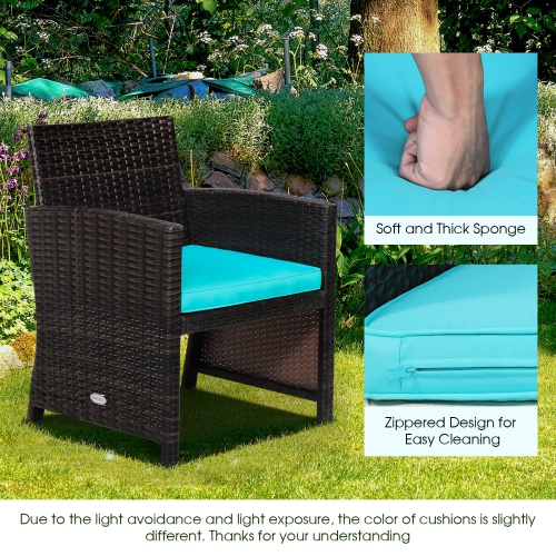 Patiojoy 3 Pieces Outdoor PE Wicker Bistro Set with Waterproof Cover for Porch Balcony Garden and Poolside, Off White/Grey/Turquoise