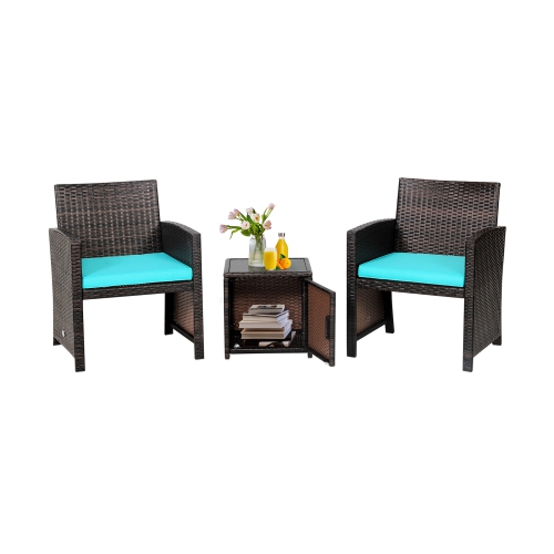 Patiojoy 3 Pieces Outdoor PE Wicker Bistro Set with Waterproof Cover for Porch Balcony Garden and Poolside, Off White/Grey/Turquoise