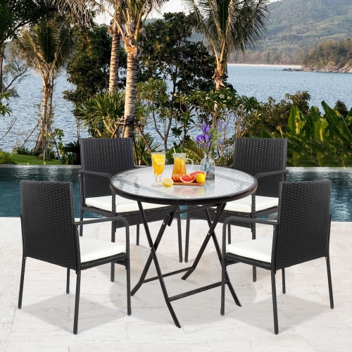 Patiojoy 4 PCS Patio All-Weather Wicker Rattan Dining Chairs Outdoor Arm Cushioned Seats Armrest Garden