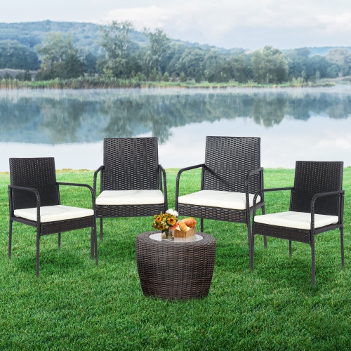 Patiojoy 4 PCS Patio All-Weather Wicker Rattan Dining Chairs Outdoor Arm Cushioned Seats Armrest Garden