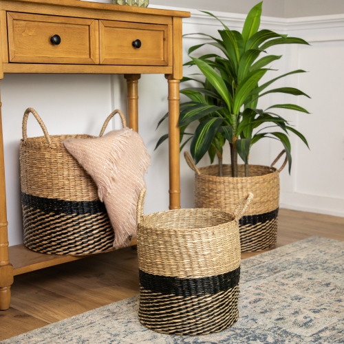 NORTHLIGHT  Woven Table And Floor Cylindrical Seagrass Baskets - And Beige - Set Of 3 In Black
