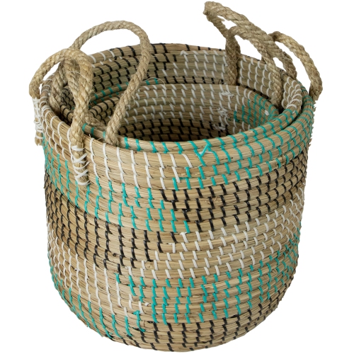 Natural Woven Seagrass Basket - Teal, Black and White - Set of 3