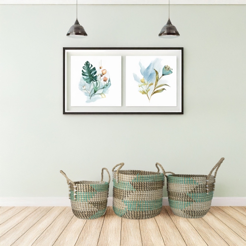 Natural Woven Seagrass Basket - Teal, Black and White - Set of 3