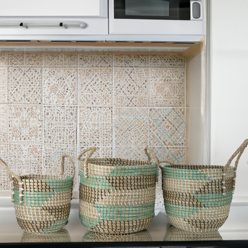 Natural Woven Seagrass Basket - Teal, Black and White - Set of 3