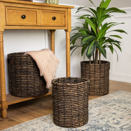 Set of 3 Dark Brown Natural Woven Table and Floor Cylindrical