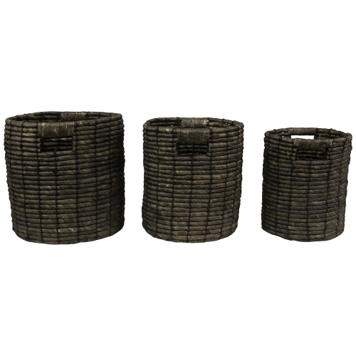 Natural Woven Table and Floor Cylindrical Seagrass Baskets - Dark Brown - Set of 3