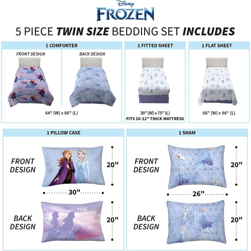 Frozen The North Calls Twin Sheet Set - 5 Pcs Bed Sheet with Reversible Comforter - Kids Bedding Sheet Set Flat Fitted Pillowcase with Printed