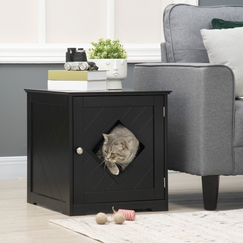 PawHut Cat Litter Box Enclosure End Table, Indoor Cat Washroom with Magnetic Door, Hidden Litter Box Nightstand with Large Tabletop, Easy Assembly,