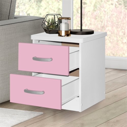 Pemberly Row Contemporary Faux Wood 2 Drawer Nightstand in Pink & White
