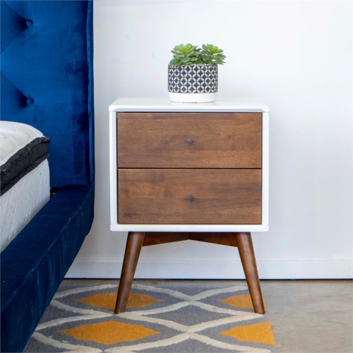 Pemberly Row Mid-Century Modern Two Drawer Nightstand in White