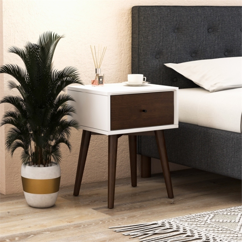 Pemberly Row Mid-Century Solid Wood 1-Drawer Night Stand in White