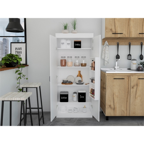 Pemberly Row Transitional White Modern Wood Pantry Cabinet