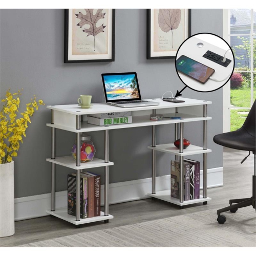 Pemberly Row Student Desk with Charging Station in White Wood Finish
