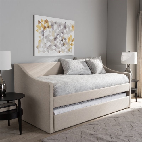 Bowery Hill Upholstered Daybed with Trundle in Beige