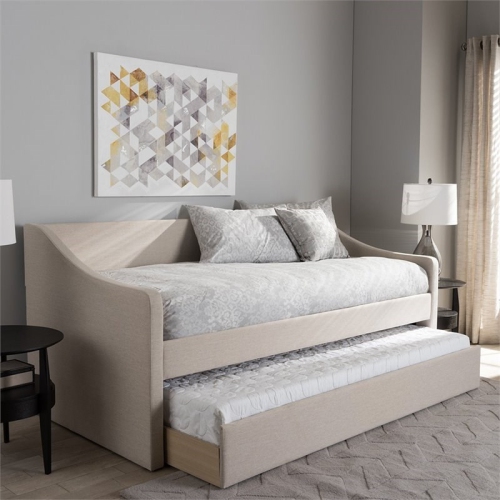 Bowery Hill Upholstered Daybed with Trundle in Beige