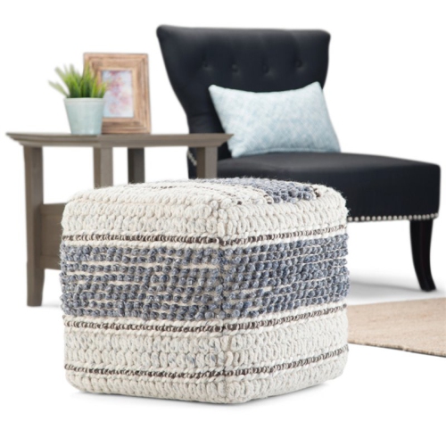 Trent Home Boho Square Pouf in Blue and Natural Handloom Woven