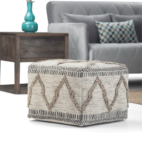 Trent Home Boho Square Pouf in Gray and Natural Handloom Woven Pattern