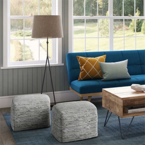 Pemberly Row Transitional Genuine Leather Boho Square Pouf in Cream