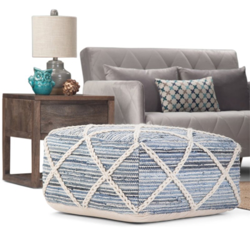 Trent Home Boho Square Pouf in Blue and Natural Handloom Woven