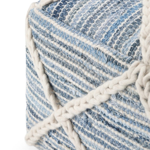 Trent Home Boho Square Pouf in Blue and Natural Handloom Woven