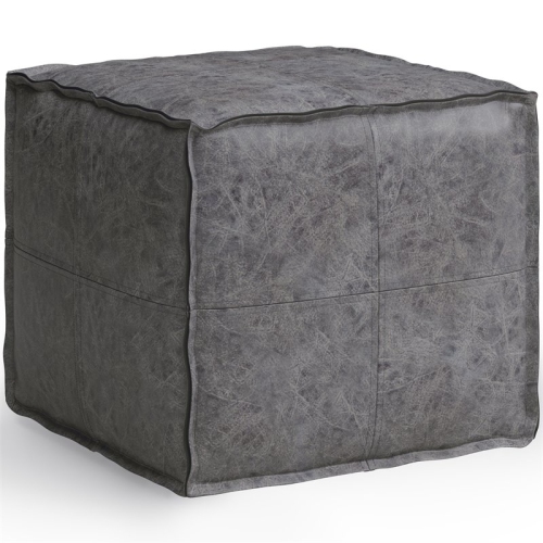 TRENT HOME  Boho Square Pouf In Distressed Black Faux Leather