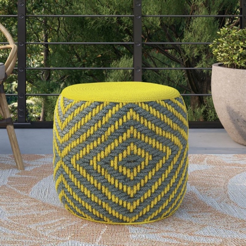 Pemberly Row Traditional Boho Round Woven Pouf in Gray and Yellow