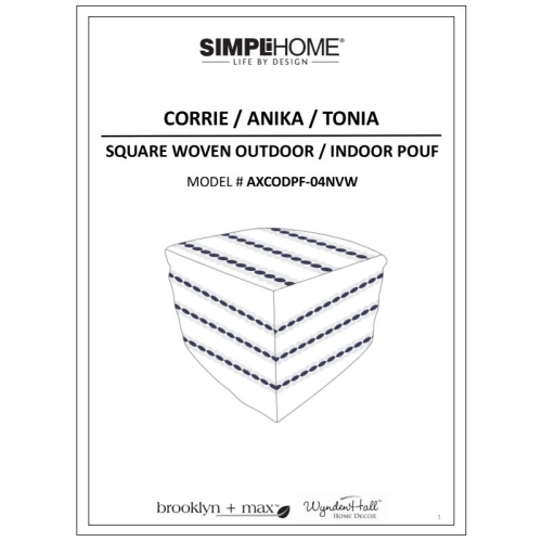 Pemberly Row Modern Fabric Boho Square Woven Pouf in Navy and White