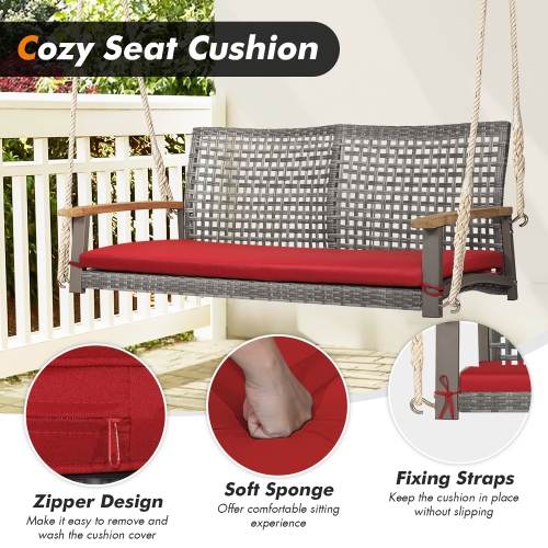 Costway 2-Person Patio Wicker Hanging Swing Chair Loveseat Cushion Porch