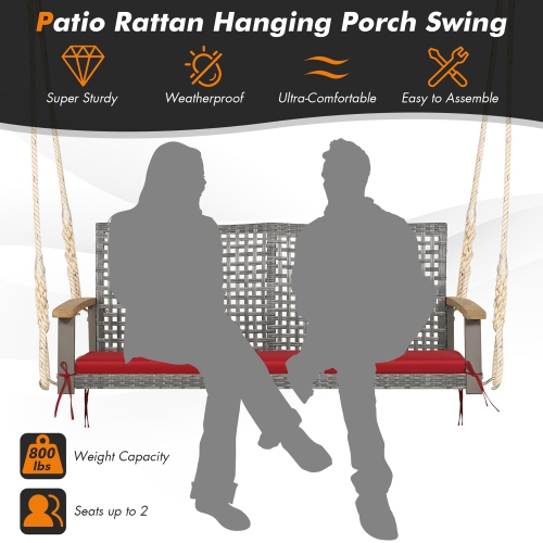 Costway 2-Person Patio Wicker Hanging Swing Chair Loveseat Cushion Porch