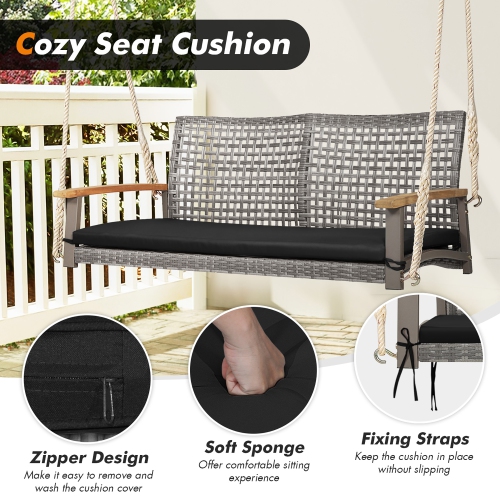 Costway 2-Person Patio Wicker Hanging Swing Chair Loveseat Cushion Porch