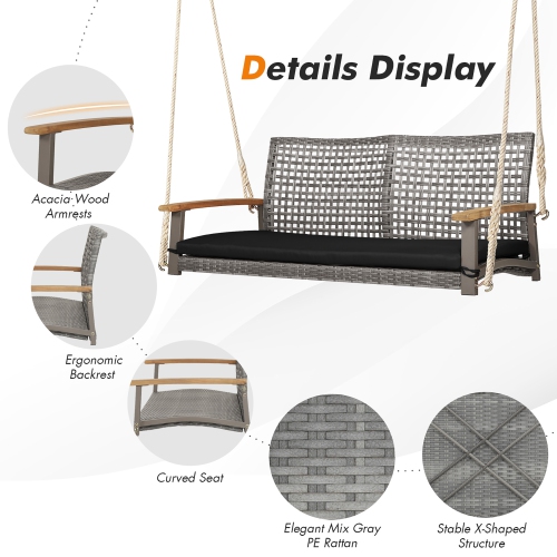 Costway 2-Person Patio Wicker Hanging Swing Chair Loveseat Cushion Porch