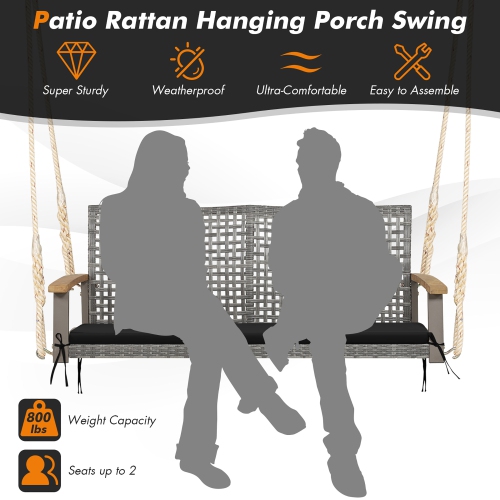 Costway 2-Person Patio Wicker Hanging Swing Chair Loveseat Cushion Porch