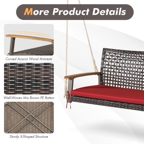 Balançoire suspendue de Marque Costway pour 2 personnes en rotin pour patio porche canapé double avec coussin