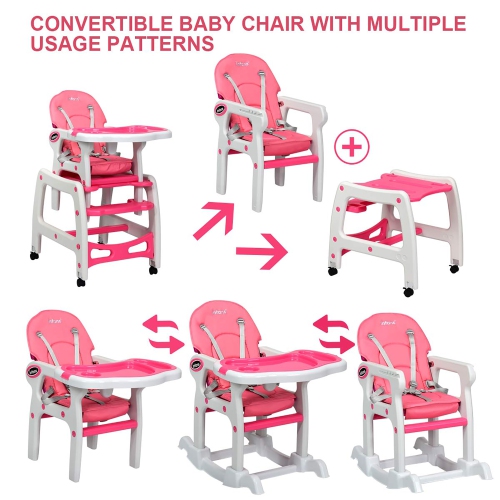 Chaise haute bébé 3 en 1 avec dossier réglable et plateaux amovibles Rose