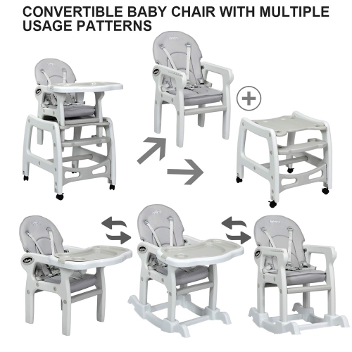 3 in 1 Baby High Chair w/ Adjustable Seat Back and Removable Trays Beige\Grey\Pink