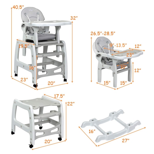 3 in 1 Baby High Chair w/ Adjustable Seat Back and Removable Trays Beige\Grey\Pink