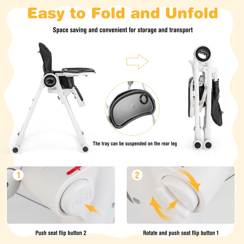 Chaise haute pliable pour repas de Babyjoy Baby avec 4 roulettes verrouillables, rose/noir/coloré/vert