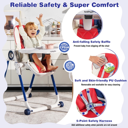 Babyjoy Baby High Chair Foldable Feeding Chair w/ 4 Lockable Wheels Pink\Black\Colorful\Green