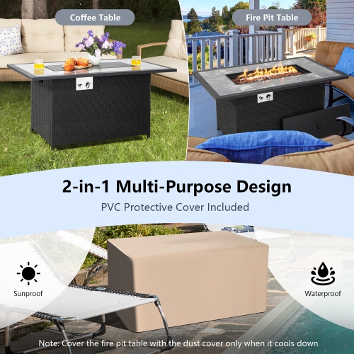 Costway 52" Propane Fire Pit Table Marble Tabletop Rattan Wicker w/ Rain Cover Lava Rock