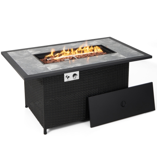 Costway 52" Propane Fire Pit Table Marble Tabletop Rattan Wicker w/ Rain Cover Lava Rock